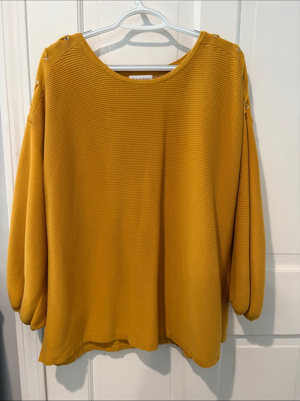 Calvin Klein Mustard Ribbed Scoop-Neck Sweater with Shoulder Eyelets